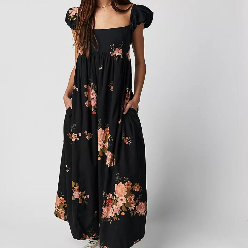 NWT Free People Linda Lou Black Floral Poplin Maxi Dress, SMALL